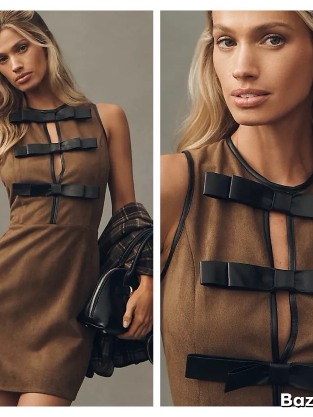 Anthropologie Flat White Faux-Suede Leather Bow-Trim Mini Dress Sz M NWT